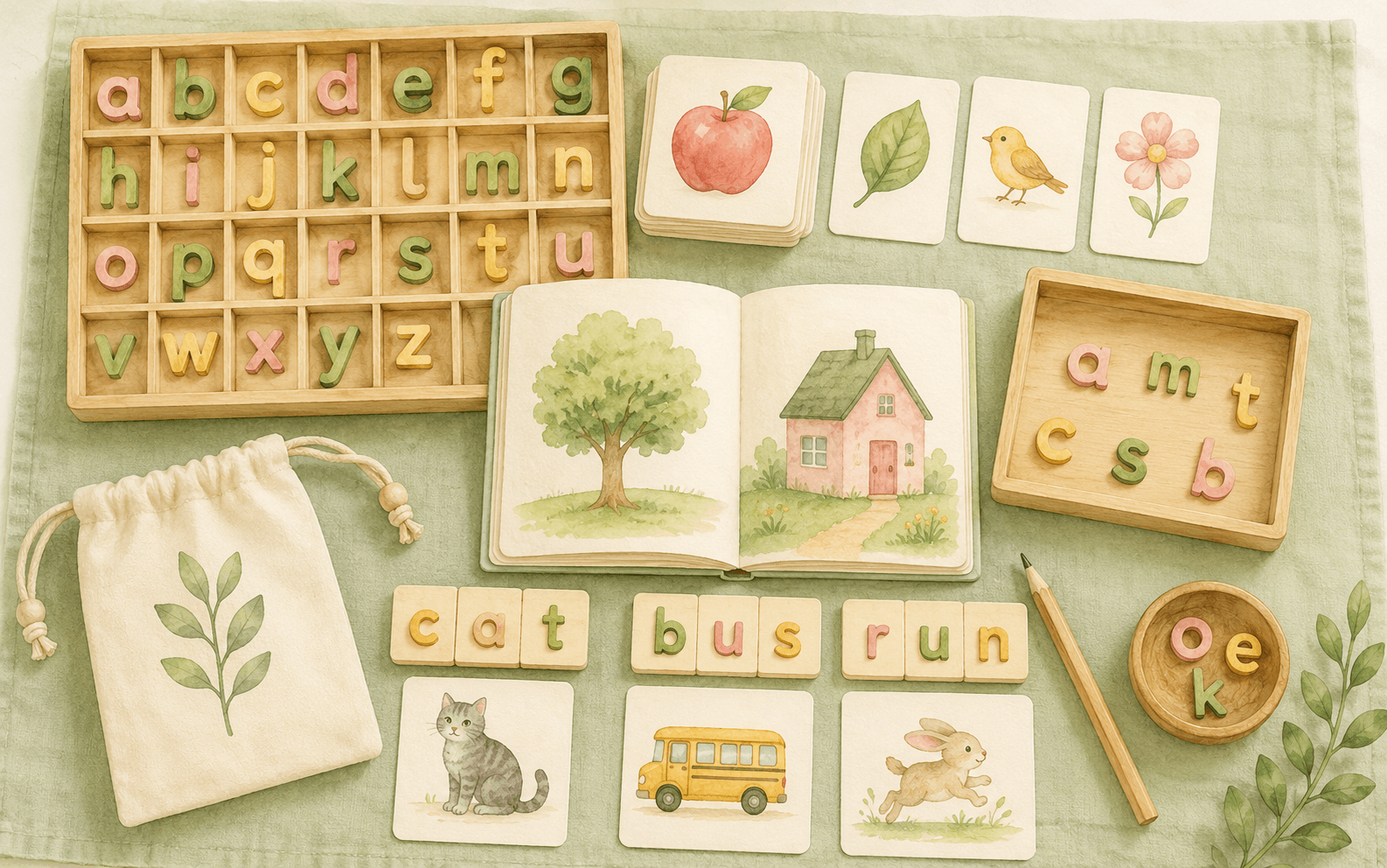 Flat-lay of Montessori literacy materials: movable alphabet letters, word cards, a picture book and a child's pencil
