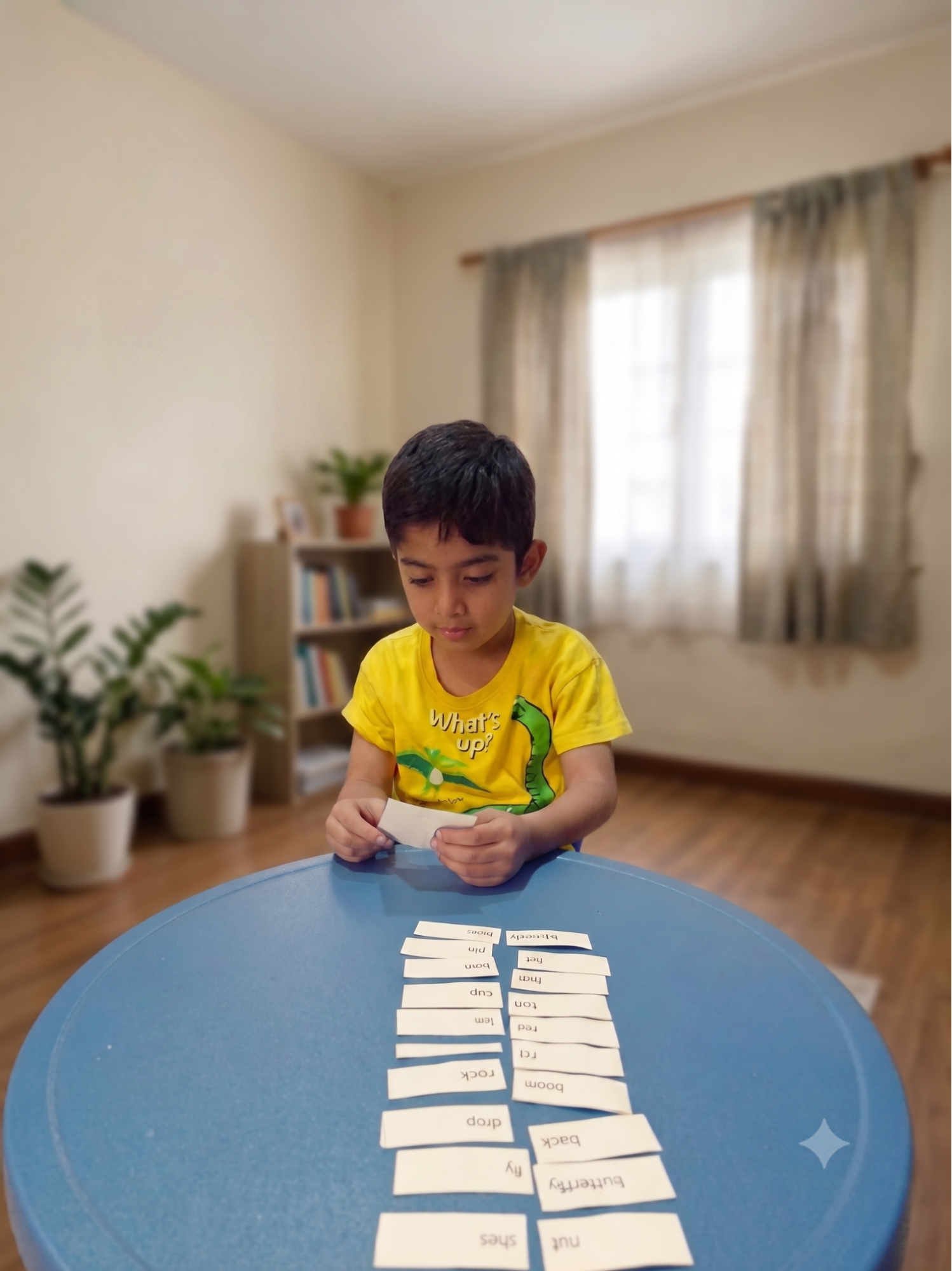 Lishaan matching word cards to build compound words