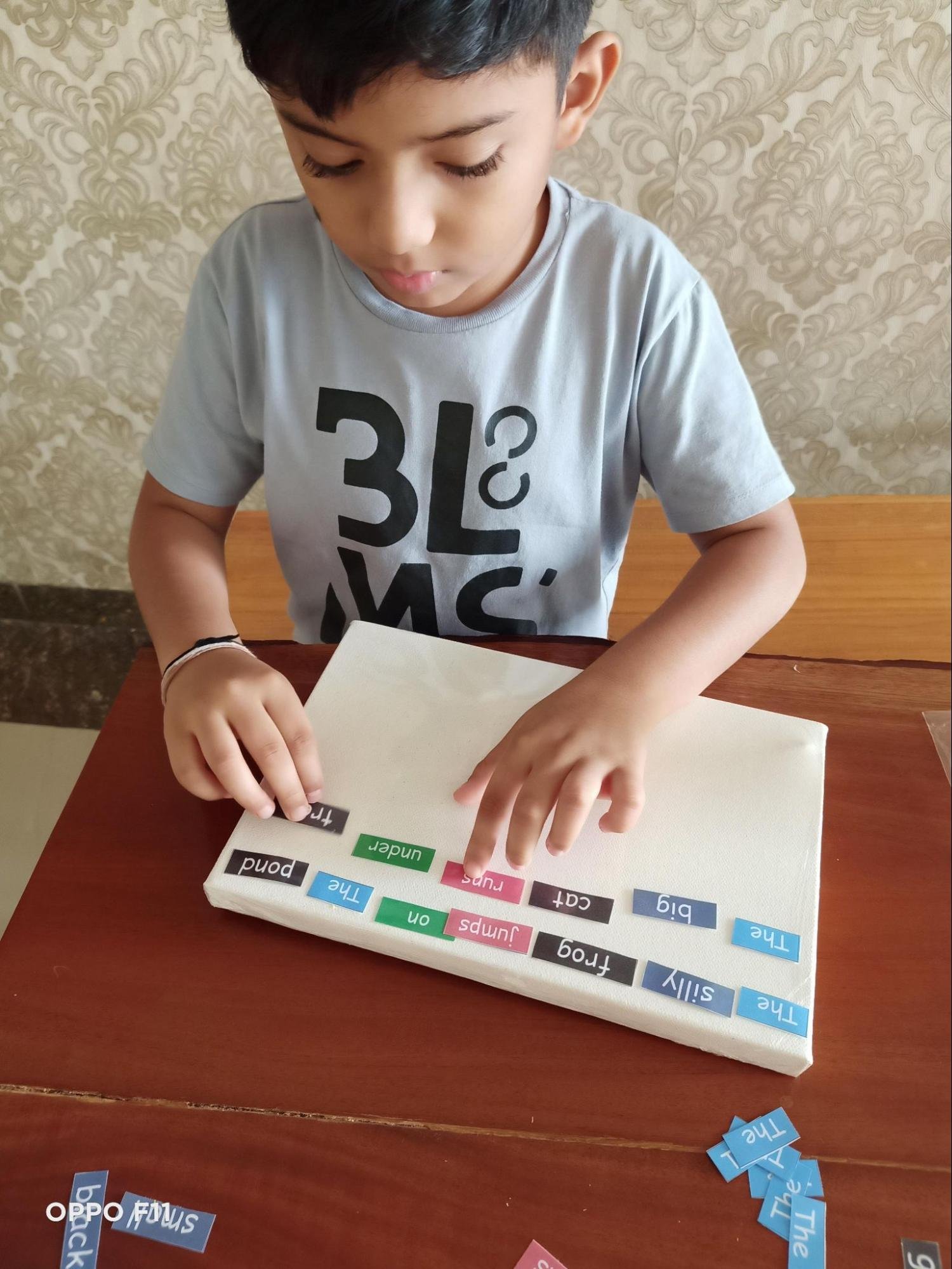 Lishaan arranging colour-coded parts of speech with the Montessori Grammar Box